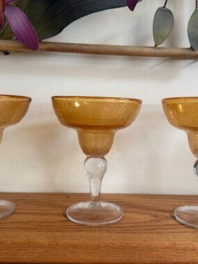 Pier One 3 AMBER BUBBLE HAND BLOWN MARGARITA GLASSES